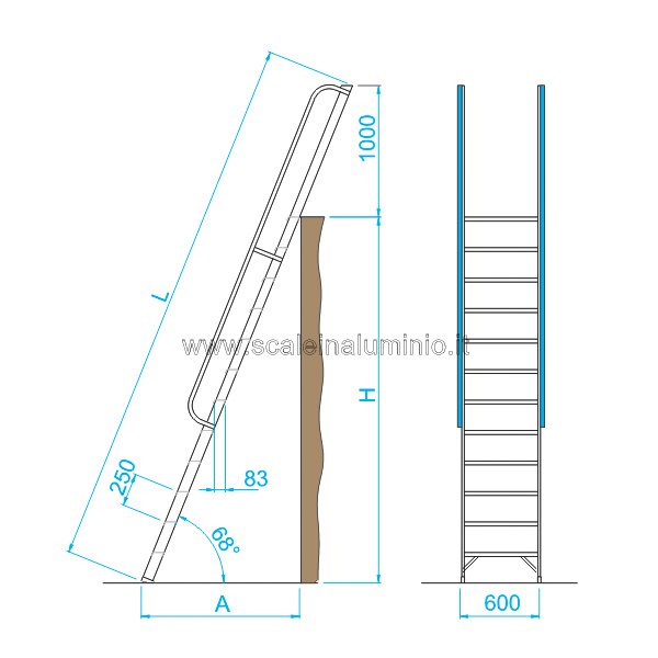 Scala per soppalchi in alluminio 14 gradini con prolunga