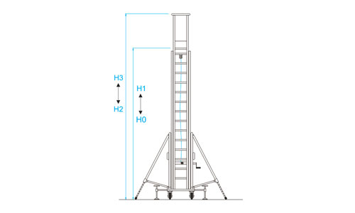 Scala in alluminio professionale verticale su ruote - legenda misure