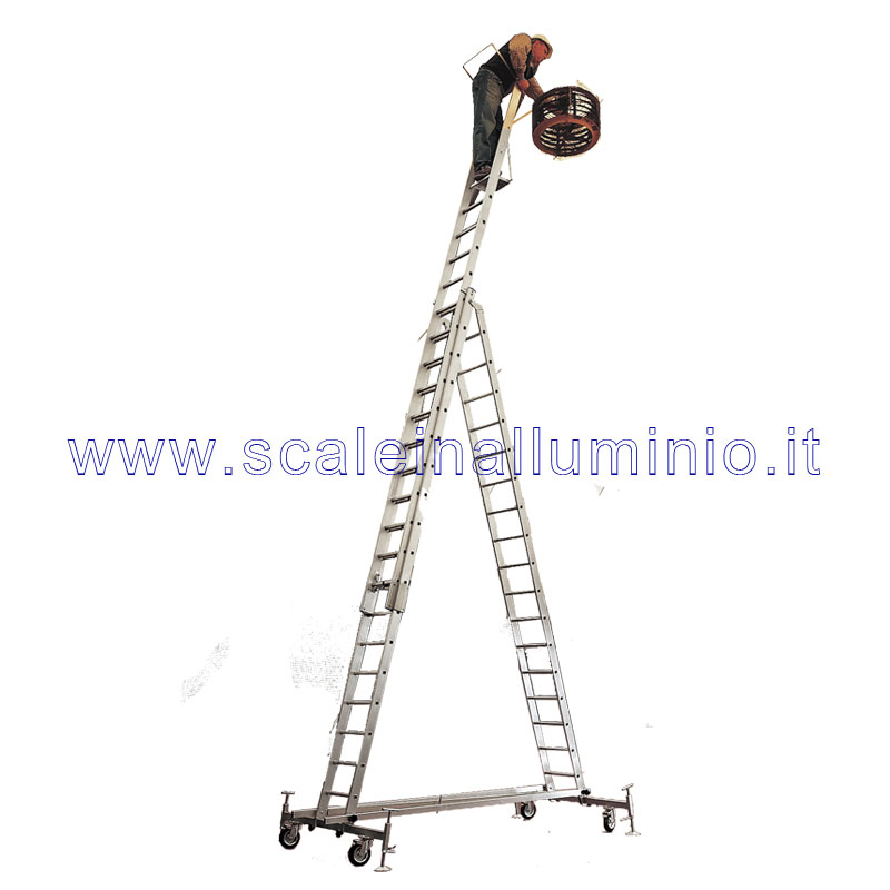 Scala in alluminio semiverticale su ruote con base e piano di lavoro  allungabile a fune 3 x 12