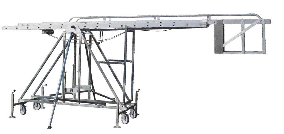 Scala in alluminio verticale con base e piano di lavoro allungabile con argano 2 x 12 - ripiegata per trasporto e rimessaggio