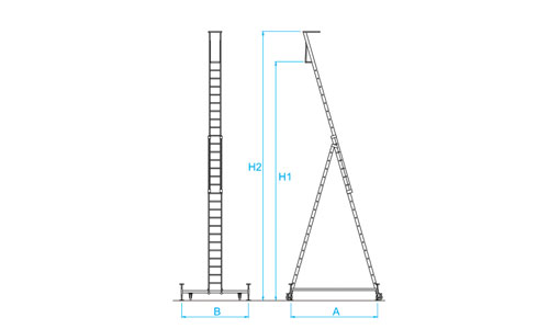 Scala in alluminio professionale semi verticale su ruote - legenda misure