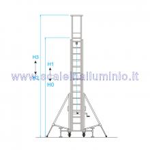 Scala in alluminio verticale con base e piano di lavoro allungabile con argano 2 x 14 - misure Scala in alluminio verticale con base e piano di lavoro allungabile con argano 2 x 14 - misure